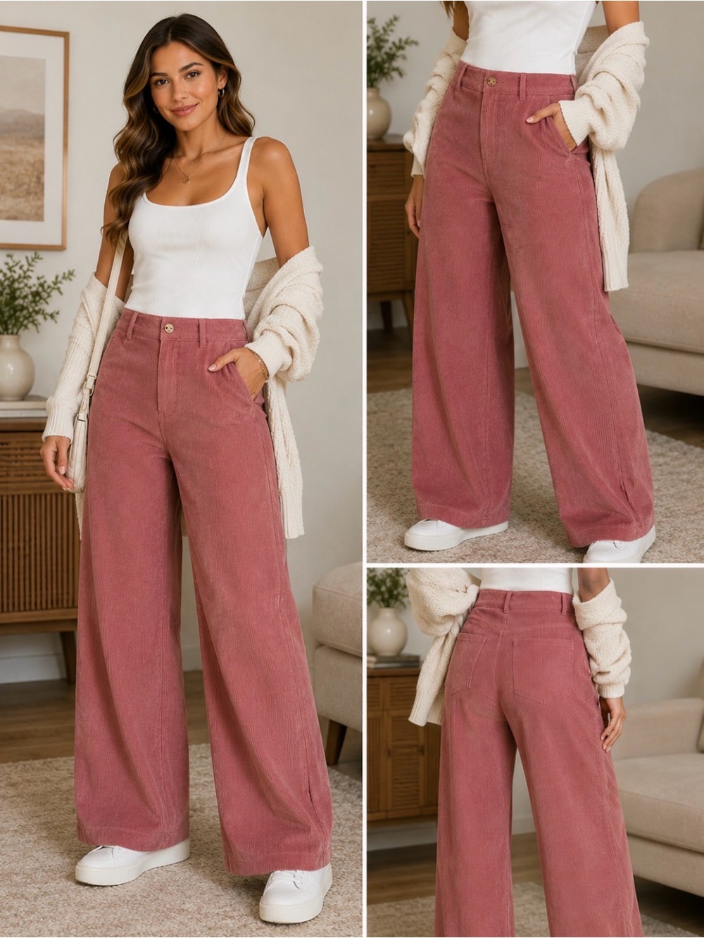 Cider Wide-Leg High-Rise Corduroy Pants - Dusty Mauve